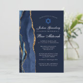 Invitation Fête de Bar Mitzvah Chic Bleu Foncé Agate Dorée (Debout devant)