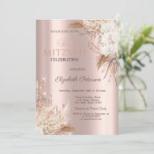 Invitation Fête de Bar Mitzvah Rose Gold Fleurs Boho Glitter  (Debout devant)