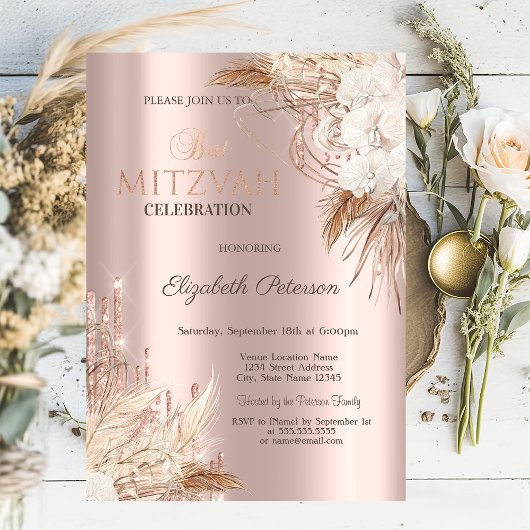 Invitation Fête de Bar Mitzvah Rose Gold Fleurs Boho Glitter 