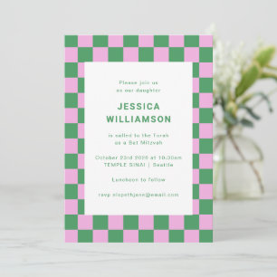 Invitation Fête de Bar Mitzvah Rose Vert Moderne Damier