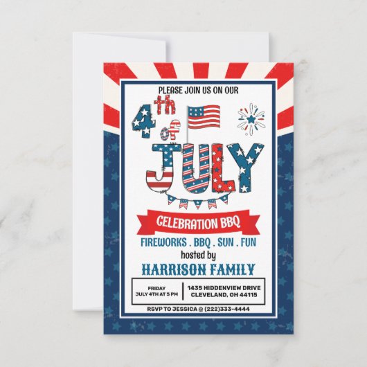 Invitation Fête de barbecue avec feu d'artifice du 14 juillet (Devant)