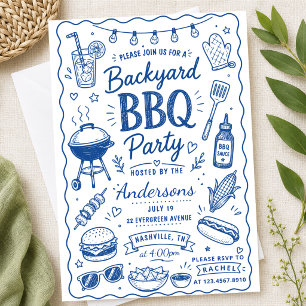 Invitation Fête de barbecue de jardin bleu en été, doodle des