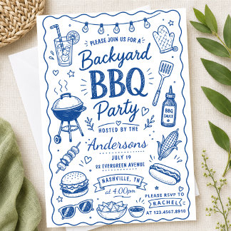 Invitation Fête de barbecue de jardin bleu en été, doodle des