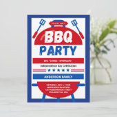 Invitation Fête de barbecue du 4 juillet illustrée en bleu et (Debout devant)