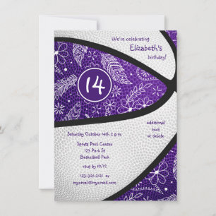 Invitation fête de basketball fille violet blanc boho