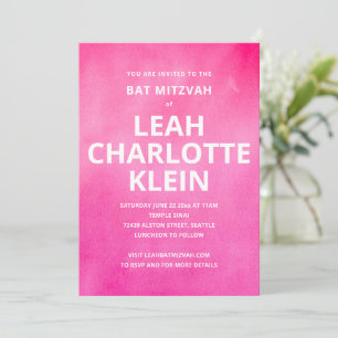 Invitation Fête de Bat Mitzvah à l'aquarelle rose vif avec no