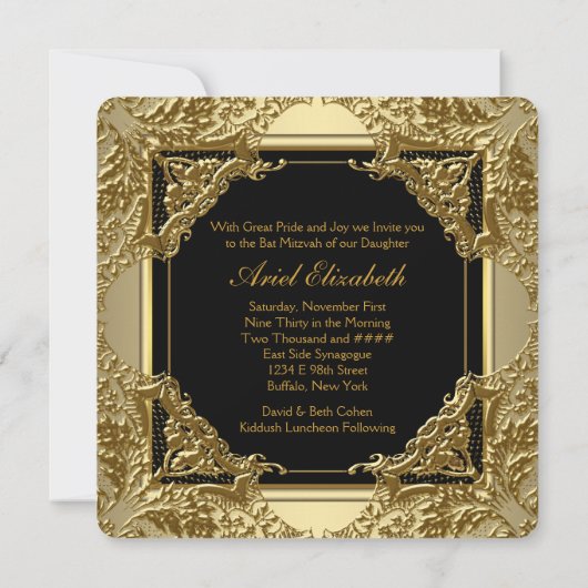 Invitation Fête de Bat Mitzvah élégante noire et or (Dos)