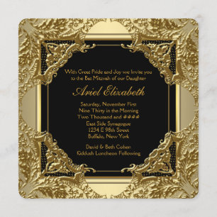 Invitation Fête de Bat Mitzvah élégante noire et or