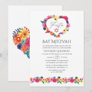 Invitation Fête de Bat Mitzvah Florale Aquarelle Fiesta