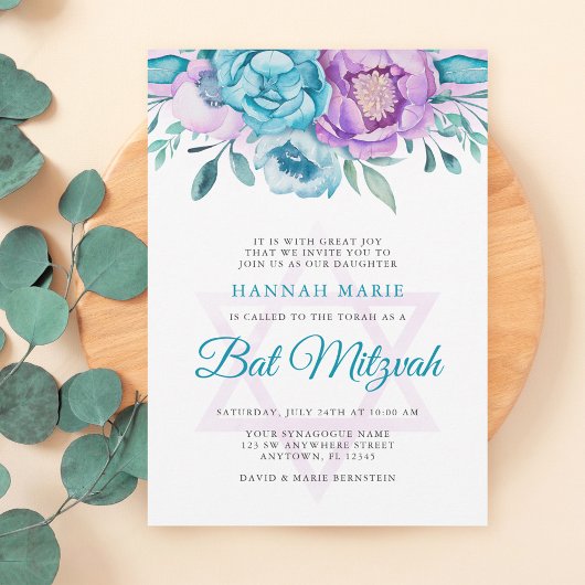 Invitation Fête de Bat Mitzvah florale aquarelle violet sarce
