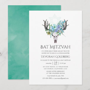 Invitation Fête de Bat Mitzvah florale bohème aquarelle bleue