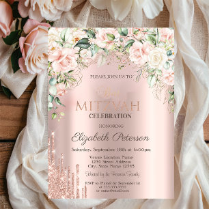 Invitation Fête de Bat Mitzvah Rose Gold avec Roses qui scint