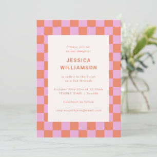 Invitation Fête de Bat Mitzvah Rose Orange Moderne Damier