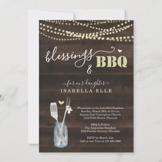 Invitation Fête de BBQ pour un baptême rustique (Devant)