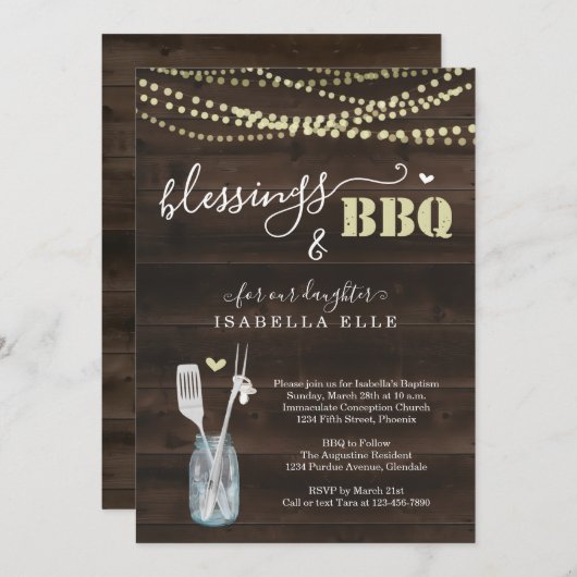 Invitation Fête de BBQ pour un baptême rustique (Devant / Derrière)