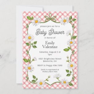 Invitation Fête de bébé 007 Fleur rouge Marguerites à carreau