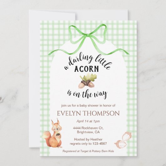 Invitation Fête de bébé 018 Gingham écureuil vert gazon et gl (Devant)