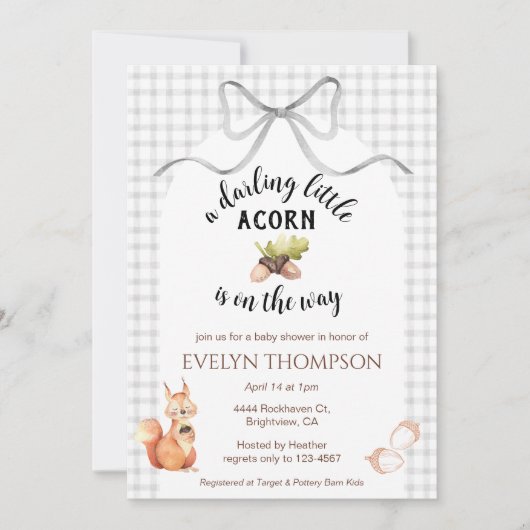 Invitation Fête de bébé 020 Brume Douce Écureuil Gingham Glan (Devant)