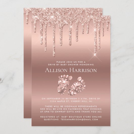 Invitation Fête de bébé à bord de rose gold  Paillettes (Devant / Derrière)