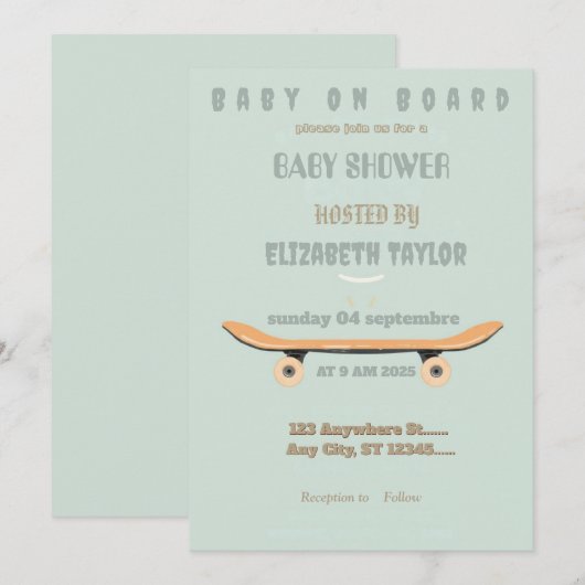 Invitation Fête de bébé à bord d'un skateboard (Devant / Derrière)