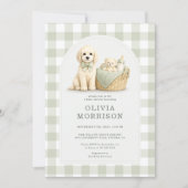Invitation Fête de Bébé à Carreaux Vert Sage Chiot (Devant)