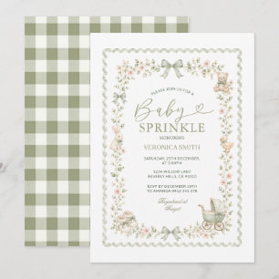 Invitation Fête de bébé à carreaux verts sauge avec nœud