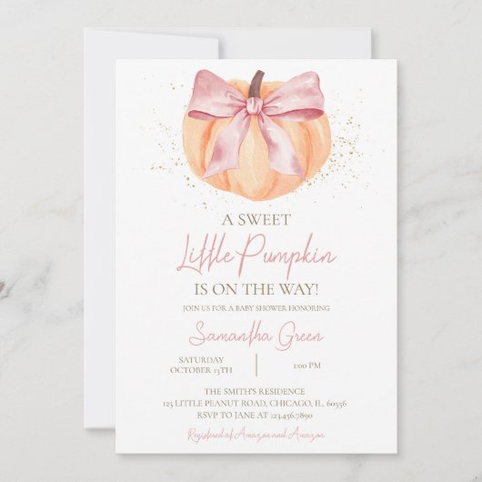 Invitation Fête de bébé à la citrouille à ruban rose (Devant)