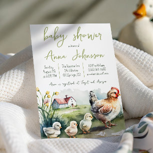 Invitation Fête de bébé à la ferme à l'aquarelle avec une pou