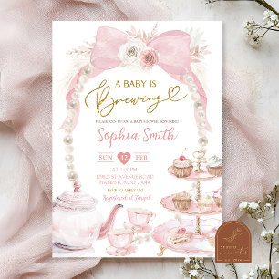 Invitation Fête de Bébé à la Théière Rose Perle