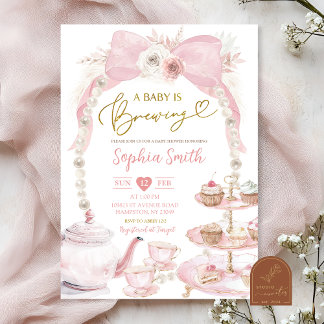 Invitation Fête de Bébé à la Théière Rose Perle