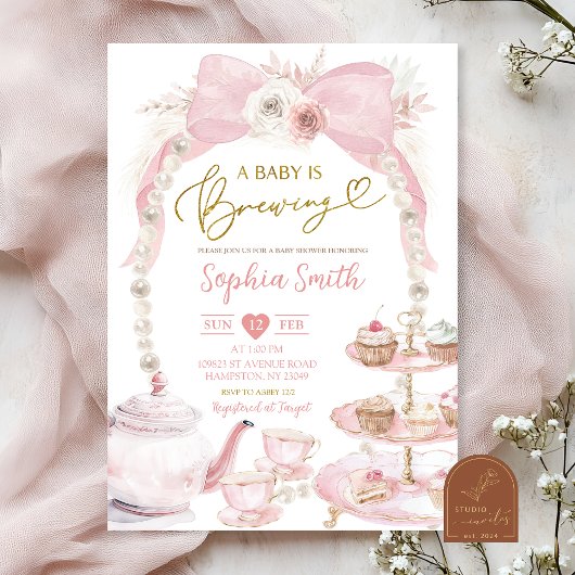 Invitation Fête de Bébé à la Théière Rose Perle