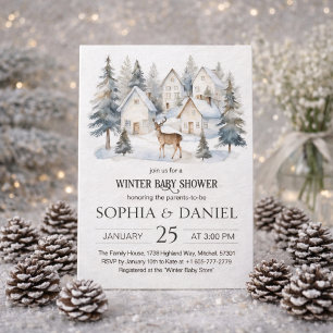 Invitation Fête de Bébé à l'Aquarelle Cerf d'Hiver dans le Vi