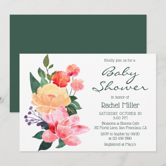 Invitation Fête de bébé à l'aquarelle rose pêche (Devant / Derrière)