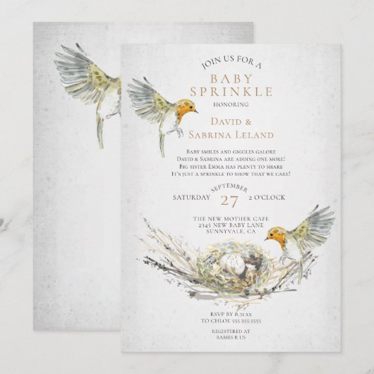 Invitation Fête de Bébé à l'aquarelle Rustique avec Oiseaux e (Devant / Derrière)