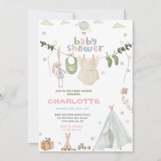 Invitation Fête de bébé à l'aquarelle verte, bleue et rose (Devant)