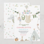Invitation Fête de bébé à l'aquarelle verte, bleue et rose (Devant / Derrière)