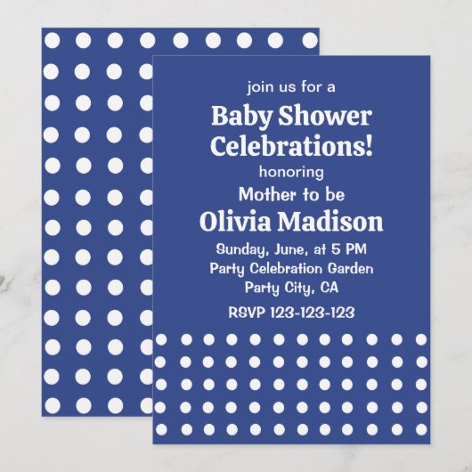 Invitation Fête de bébé à pois bleus et blancs (Devant / Derrière)