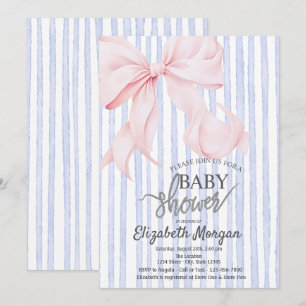 Invitation Fête de bébé à ruban rose élégant et rayures bleue