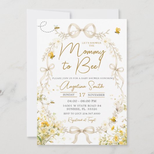 Invitation Fête de bébé abeille jaune florale pour future mam (Devant)