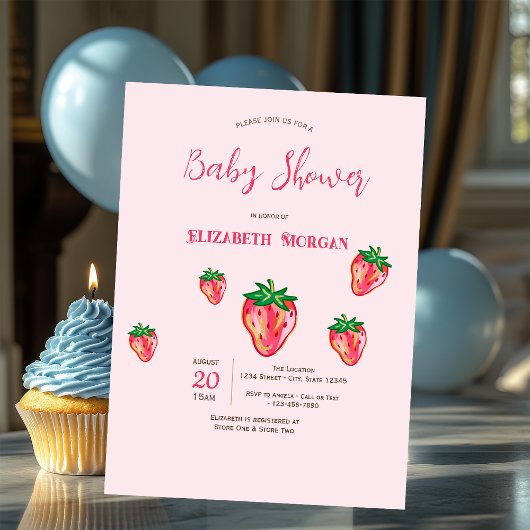 Invitation Fête de bébé Adorable Glitter Fraises Points