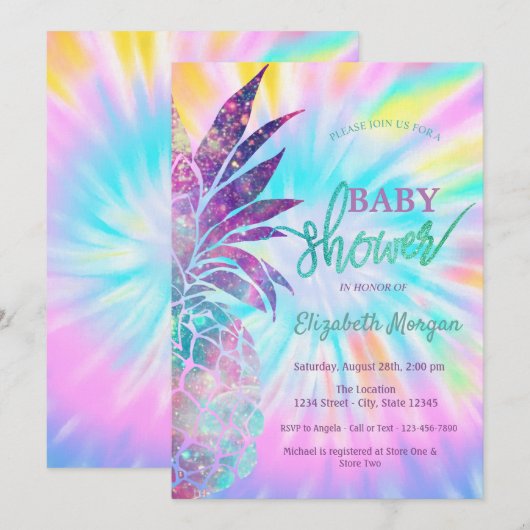 Invitation Fête de bébé Adorable Tie-Dye Ananas (Devant / Derrière)