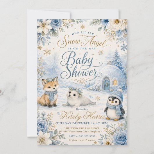 Invitation Fête de bébé ange de neige (Devant)