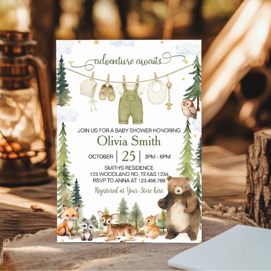 Invitation Fête de Bébé Animaux de la Forêt de Bois Mignon