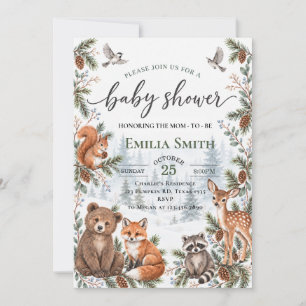 Invitation Fête de Bébé Animaux de la Forêt d'Hiver