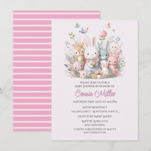 Invitation Fête de bébé animaux de la forêt rose pastel (Devant / Derrière)