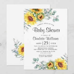 Invitation Fête de bébé aquarelle tournesols eucalyptus