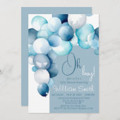 Invitation Fête de bébé arc en ballons bleus Oh Boy (Devant / Derrière)