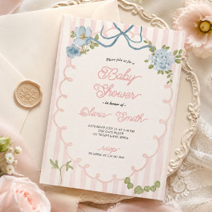 Invitation Fête de bébé Arc-en-ciel avec nœud floral rayé ros