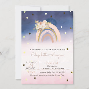 Invitation Fête de bébé Arc-en-ciel Boho Fleurs Étoiles Ombre