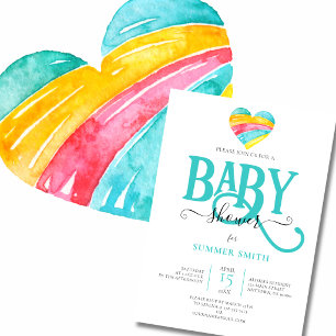 Invitation Fête de bébé Arc-en-ciel Cœur Coloré Genre Neutre